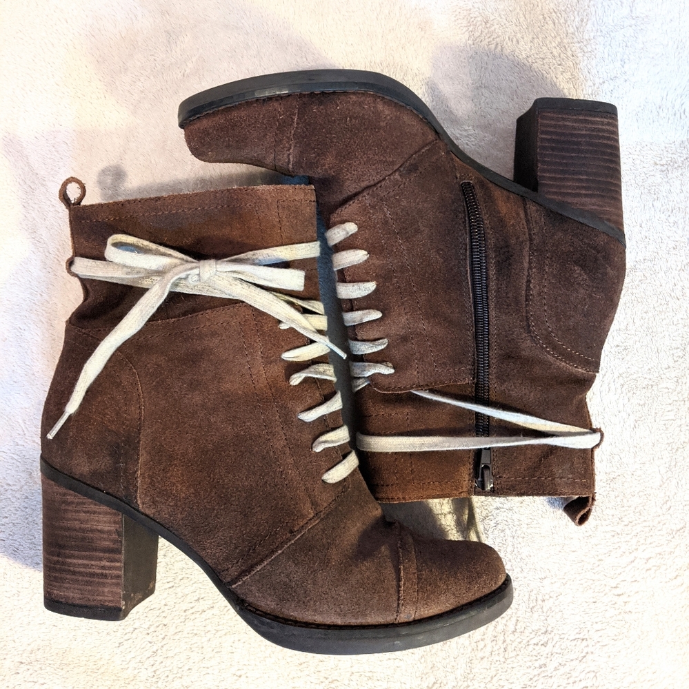 Miz Mooz Dark Brown Suede Lace-Up Block Heel Ankle Boots
